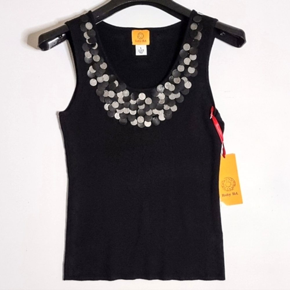 New Ruby Rd. Sleeveless Top Black Ribbed Embellished Top | Size Large